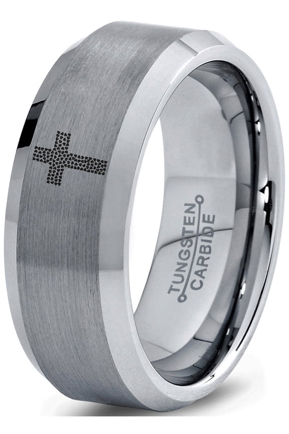 Tungsten Cross Hearts Band Ring 8mm Men Women Comfort Fit Gray Bevel Edge Brushed Polished