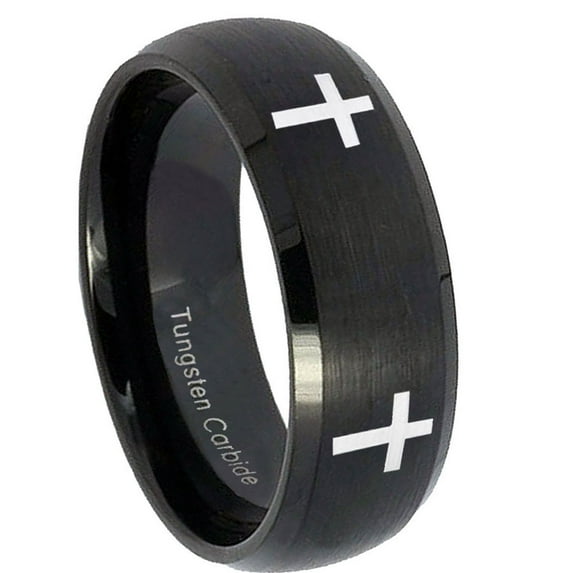 Tungsten Crosses 8mm Brushed Black Dome Polished Men Ring