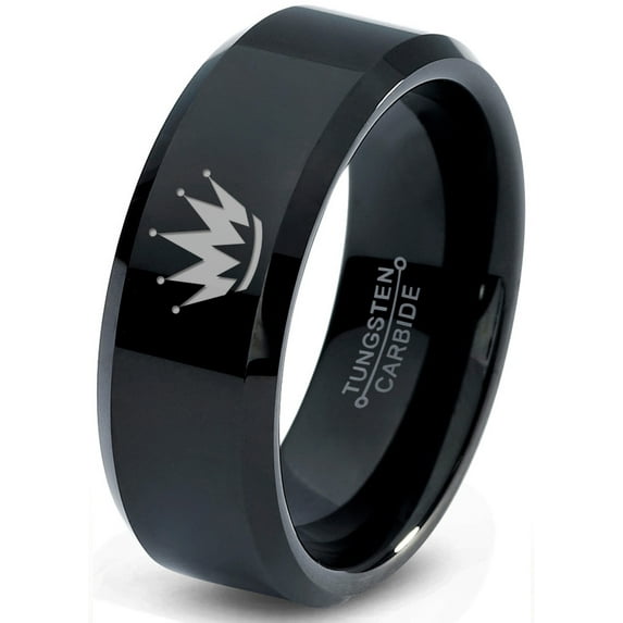 Tungsten Crown King Queen Heir Band Ring 8mm Men Women Comfort Fit Black Beveled Edge Polished