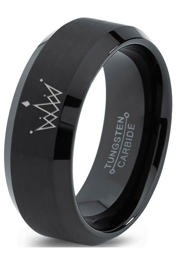 Tungsten Crown Royalty King Queen Diamond Circle Band Ring 8mm Men Women Comfort Fit Black Beveled Edge Brushed Polished