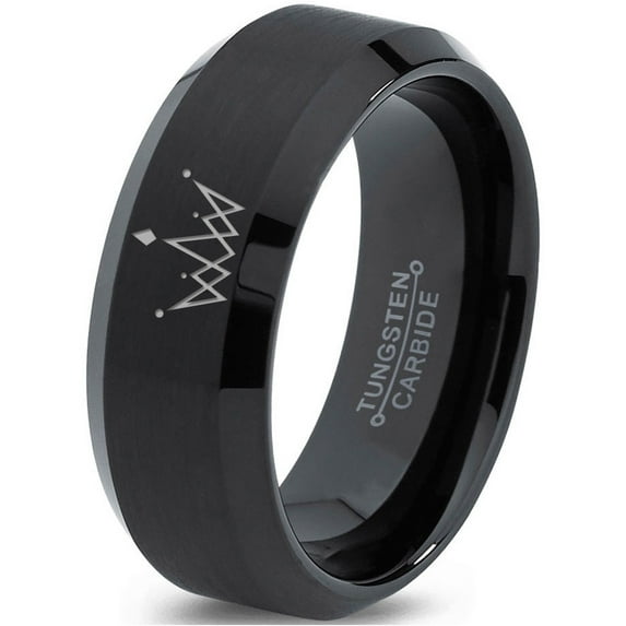 Tungsten Crown Royalty King Queen Diamond Circle Band Ring 8mm Men Women Comfort Fit Black Beveled Edge Brushed Polished