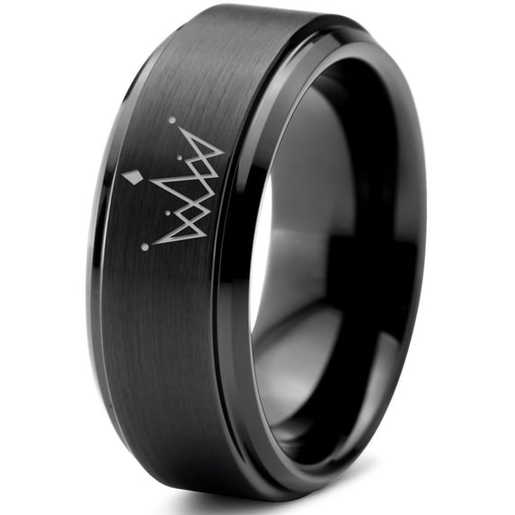 Tungsten Crown Royalty King Queen Diamond Circle Band Ring 8mm Men Women Comfort Fit Black Step Bevel Edge Brushed Polished