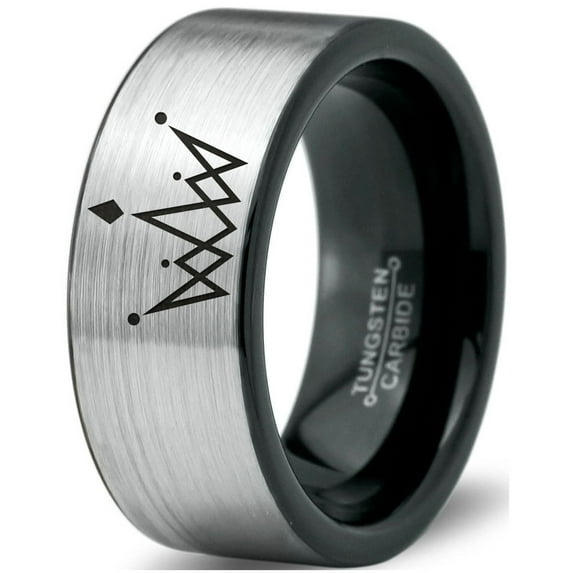 Tungsten Crown Royalty King Queen Diamond Circle Band Ring 8mm Men Women Comfort Fit Brushed Gray Flat Cut Black Polished