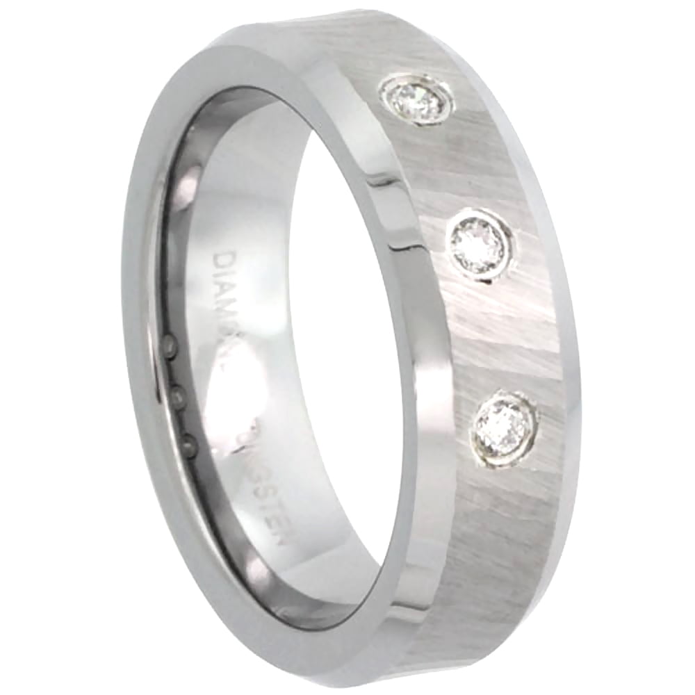 Tungsten DC Beveled Edges 3 Stone Diamond Wedding Band Rings 6mm ...