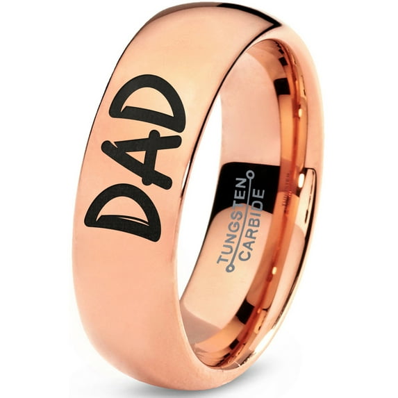 Tungsten Dad Typography Writing Band Ring 7mm Men Women Comfort Fit 18k Rose Gold Dome Polished