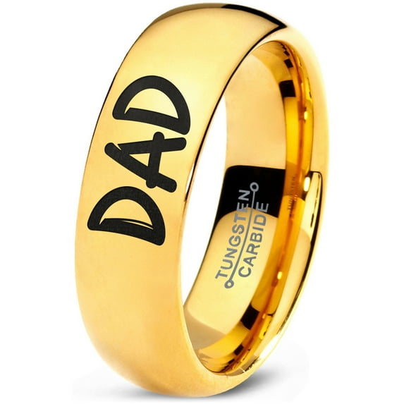 Tungsten Dad Typography Writing Band Ring 7mm Men Women Comfort Fit 18k Yellow Gold Dome Polished
