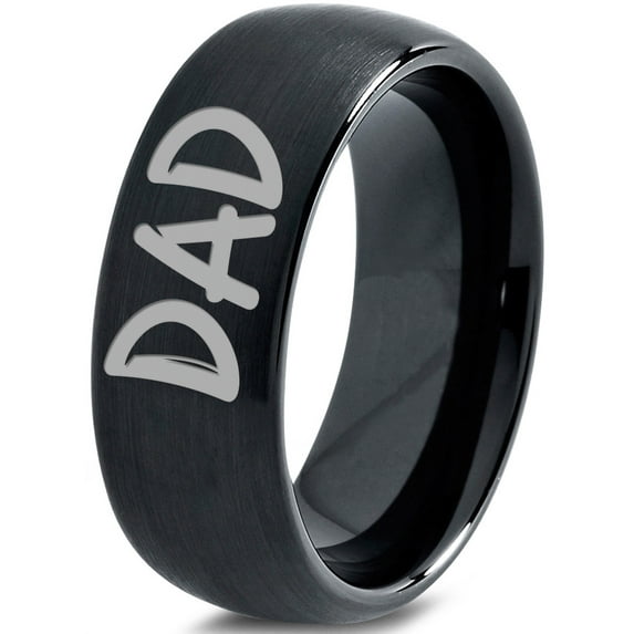 Tungsten Dad Typography Writing Band Ring 8mm Men Women Comfort Fit Black Dome Brushed Polished