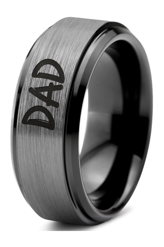 Tungsten Dad Typography Writing Band Ring 8mm Men Women Comfort Fit Gray Step Bevel Edge Brushed Polished