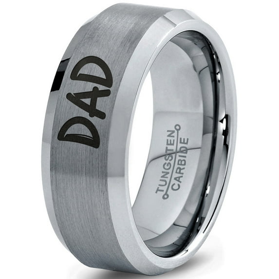 Tungsten Dad Typography Writing Band Ring 8mm Men Women Comfort Fit Gray Step Bevel Edge Brushed Polished