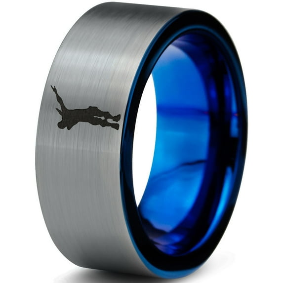 Tungsten Dance Move Dabbing Dab Band Ring 8mm Men Women Comfort Fit Blue Flat Cut Brushed Gray Polished