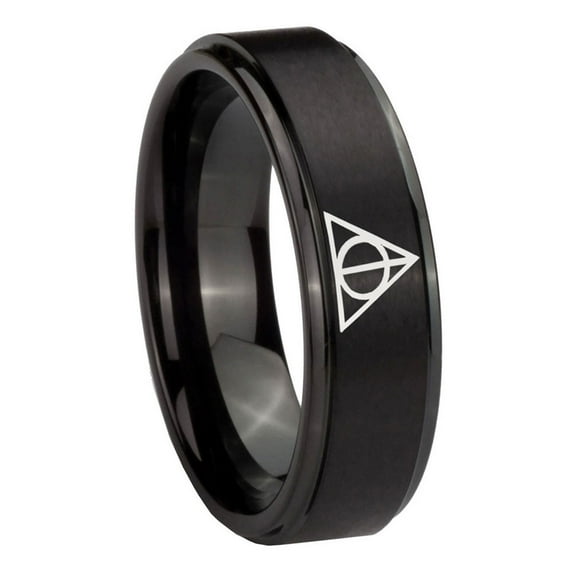 Tungsten Deathly Hallows 8mm Brushed Black Polished Step Edges Men Ring