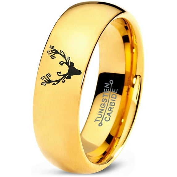 Tungsten Deer Antler Band Ring 7mm Men Women Comfort Fit 18k Yellow Gold Dome Polished