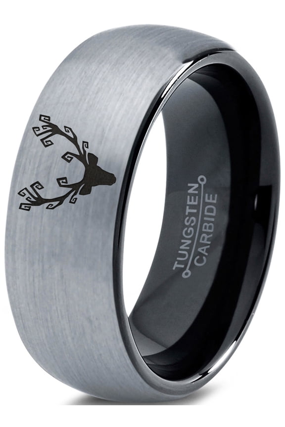 Tungsten Deer Antler Band Ring 8mm Men Women Comfort Fit Black Dome Brushed Gray Polished