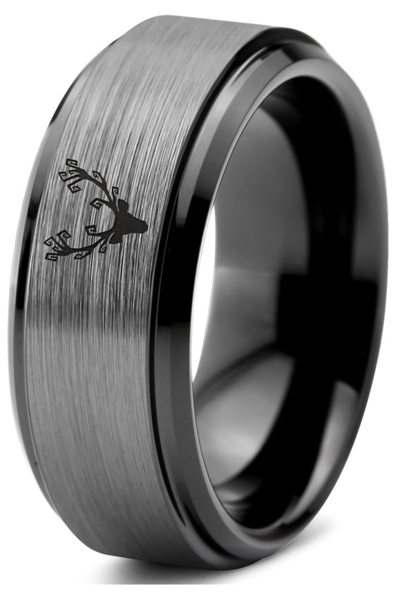 Tungsten Deer Antler Band Ring 8mm Men Women Comfort Fit Black Step Bevel Edge Brushed Gray Polished