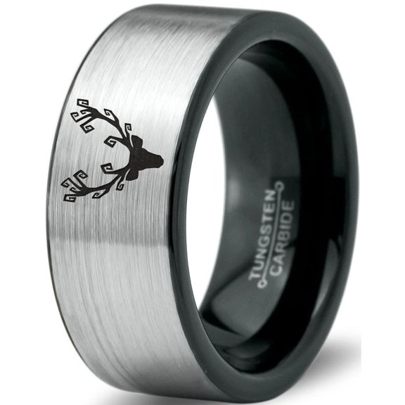 Tungsten Deer Antler Band Ring 8mm Men Women Comfort Fit Brushed Gray Flat Cut Black Polished
