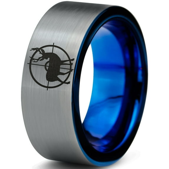 Tungsten Deer Hunter Hunting Elk Band Ring 8mm Men Women Comfort Fit Blue Flat Cut Brushed Gray Polished
