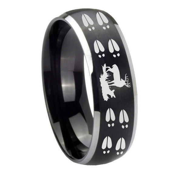 Tungsten Deer Hunting Tracks 8mm Brushed Black 2 Tone Dome Polished Edges Men Ring
