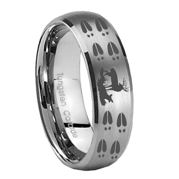 Tungsten Deer Hunting Tracks 8mm Brushed Gray Dome Polished Edges Men Ring