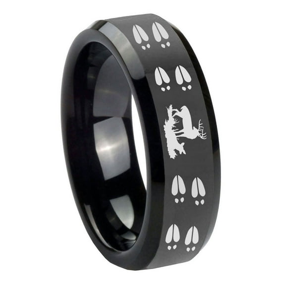Tungsten Deer Hunting Tracks 8mm Glossy Black Polished Beveled Edges Men Ring