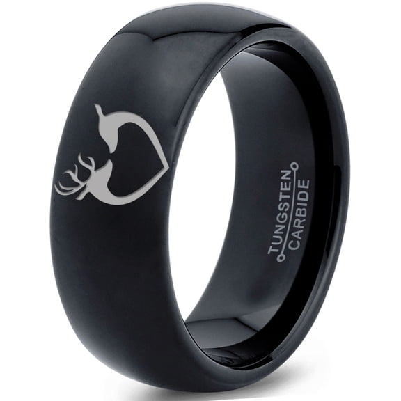 Tungsten Deer Love Band Ring 8mm Men Women Comfort Fit Black Dome Polished