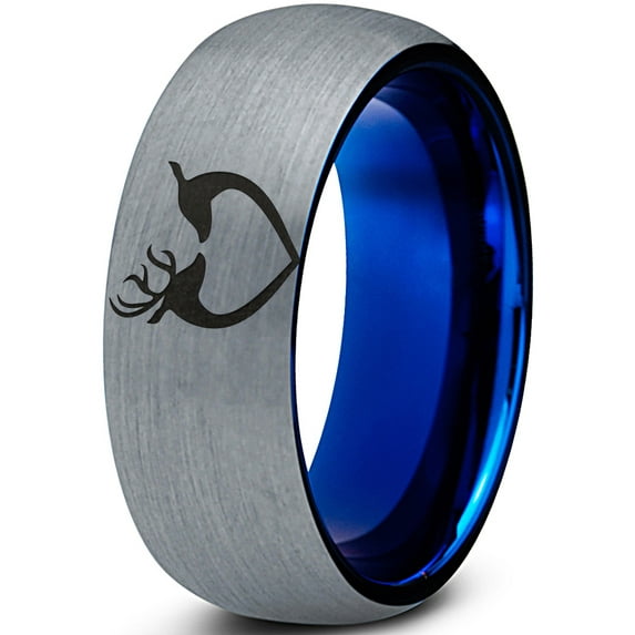 Tungsten Deer Love Band Ring 8mm Men Women Comfort Fit Blue Dome Brushed Gray Polished