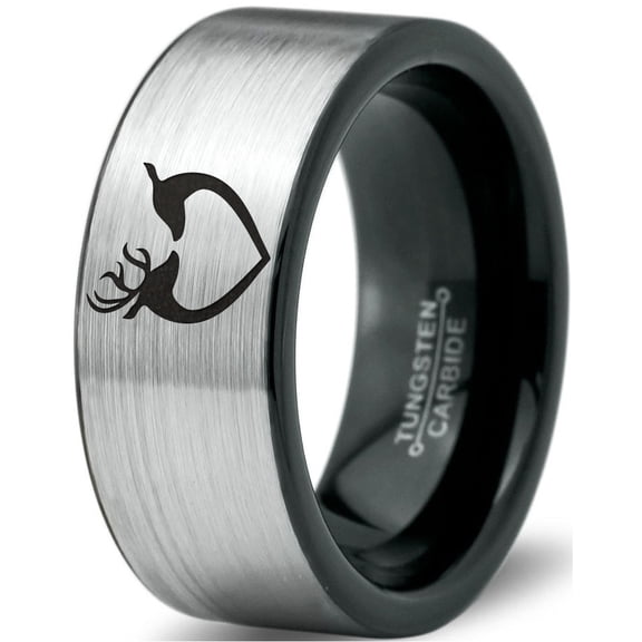 Tungsten Deer Love Band Ring 8mm Men Women Comfort Fit Brushed Gray Flat Cut Black Polished