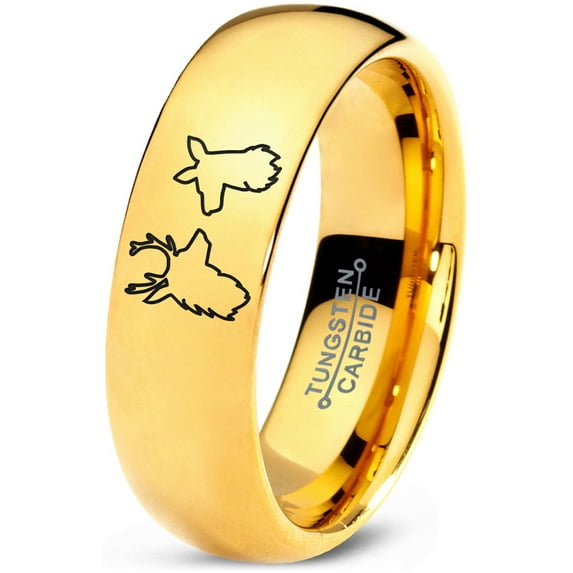 Tungsten Deer Staring Doe Love Engraved Band Ring 7mm Men Women Comfort Fit 18k Yellow Gold Dome Polished