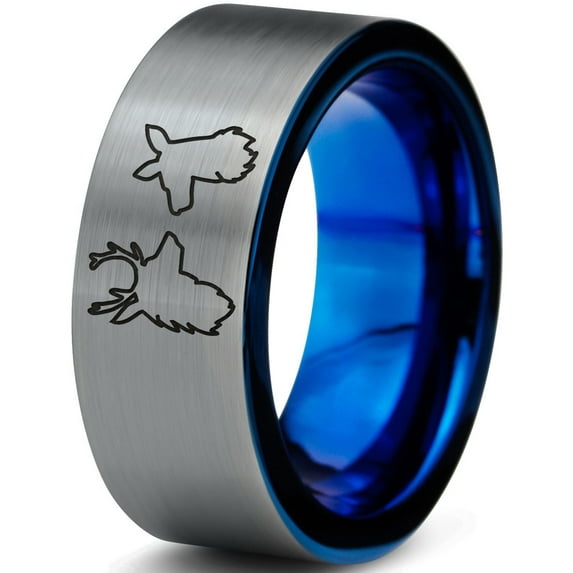 Tungsten Deer Staring Doe Love Engraved Band Ring 8mm Men Women Comfort Fit Blue Flat Cut Brushed Gray Polished