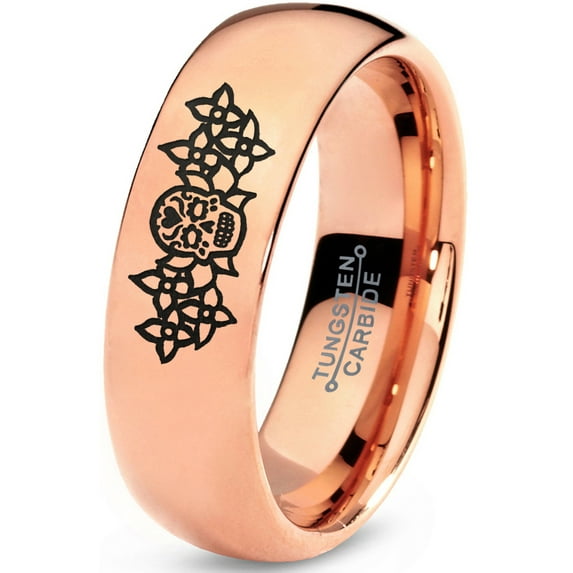 Tungsten Dia De Los Muertos Day of the Dead Band Ring 7mm Men Women Comfort Fit 18k Rose Gold Dome Polished
