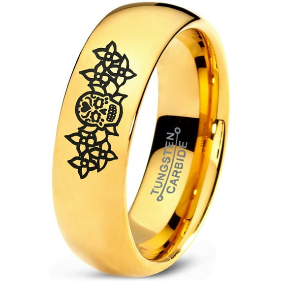 Tungsten Dia De Los Muertos Day of the Dead Band Ring 7mm Men Women Comfort Fit 18k Yellow Gold Dome Polished