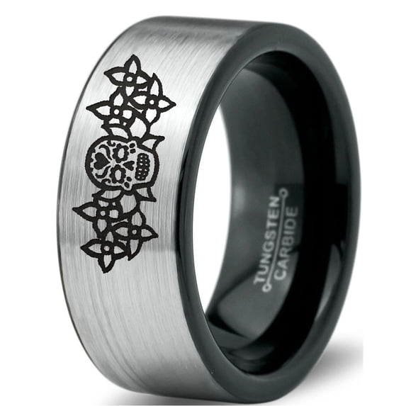Tungsten Dia De Los Muertos Day of the Dead Band Ring 8mm Men Women Comfort Fit Brushed Gray Flat Cut Black Polished
