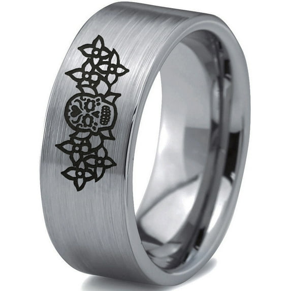 Tungsten Dia De Los Muertos Day of the Dead Band Ring 8mm Men Women Comfort Fit Gray Flat Cut Brushed Polished