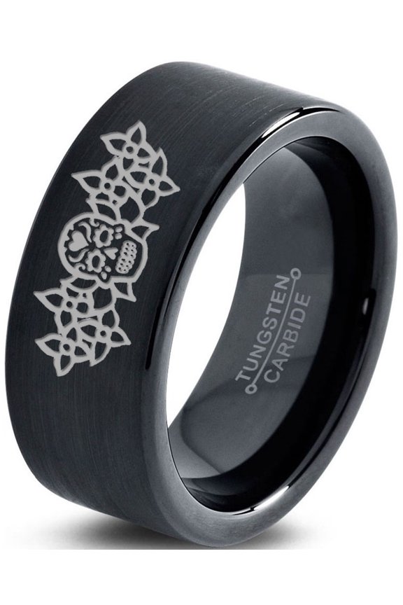 Tungsten Dia De Los Muertos Day of the Dead Band Ring 9mm Men Women Comfort Fit Black Flat Cut Brushed Polished