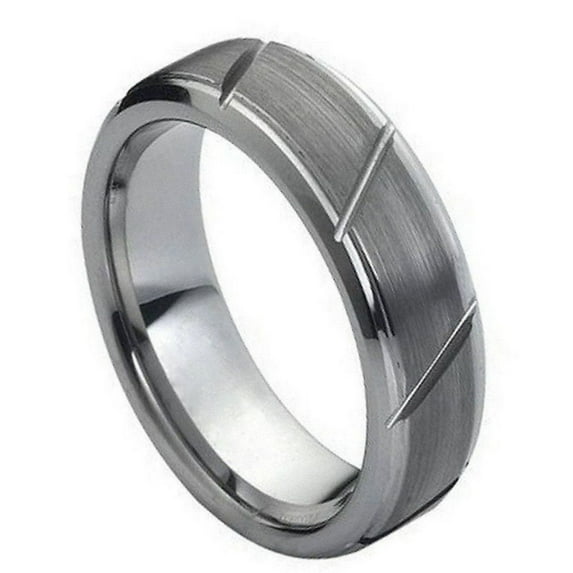 Tungsten Diagonal Decorated Lines Brushed Center 7MM Band Ring Size 15