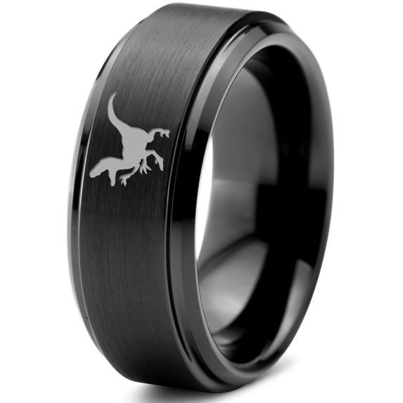 Tungsten Dinosaur Velociraptor Band Ring 8mm Men Women Comfort Fit Black Step Bevel Edge Brushed Polished