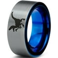 thumbnail image 1 of Tungsten Dinosaur Velociraptor Band Ring 8mm Men Women Comfort Fit Blue Flat Cut Brushed Gray Polished, 1 of 4
