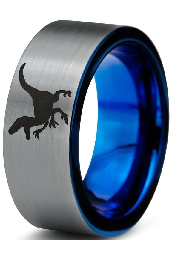 Tungsten Dinosaur Velociraptor Band Ring 8mm Men Women Comfort Fit Blue Flat Cut Brushed Gray Polished