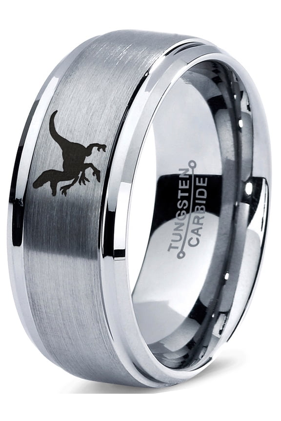 Tungsten Dinosaur Velociraptor Band Ring 8mm Men Women Comfort Fit Gray Step Bevel Edge Brushed Polished