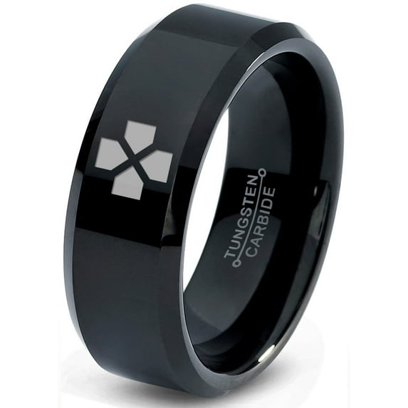 Tungsten Directional Pad Buttons Gaming Controller Band Ring 8mm Men Women Comfort Fit Black Beveled Edge Polished