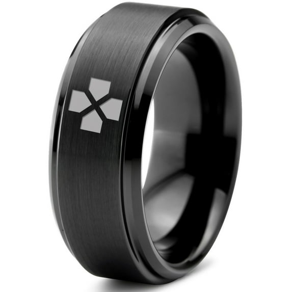Tungsten Directional Pad Buttons Gaming Controller Band Ring 8mm Men Women Comfort Fit Black Step Bevel Edge Brushed Polished