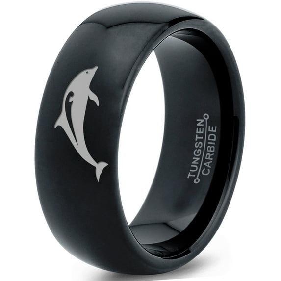 Tungsten Dolphin Sea Animal Island Band Ring 8mm Men Women Comfort Fit Black Dome Polished