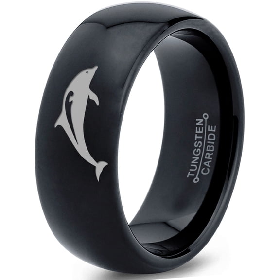 Tungsten Dolphin Sea Animal Island Band Ring 8mm Men Women Comfort Fit Black Dome Polished