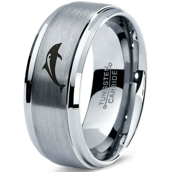 Tungsten Dolphin Sea Animal Island Band Ring 8mm Men Women Comfort Fit Gray Step Bevel Edge Brushed Polished
