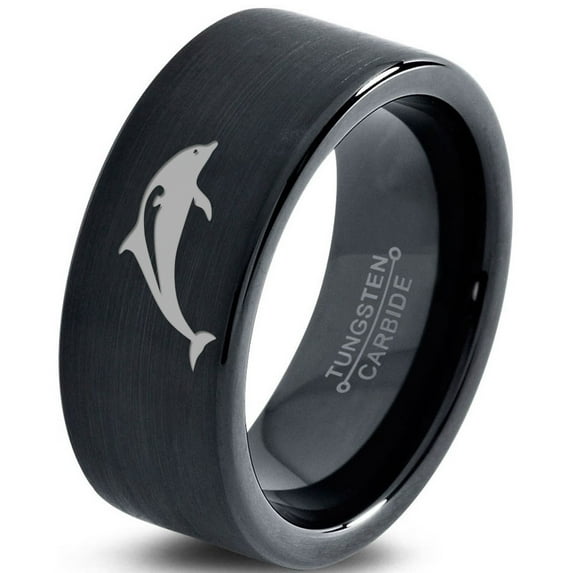 Tungsten Dolphin Sea Animal Island Band Ring 9mm Men Women Comfort Fit Black Flat Cut Brushed Polished