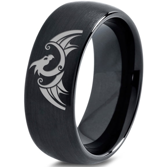 Tungsten Dragon Dragons Fire Breather Folklore Band Ring 8mm Men Women Comfort Fit Black Dome Brushed Polished