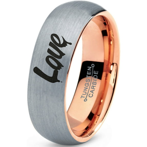 Tungsten Dripping Love Typography Writing Band Ring 7mm Men Women Comfort Fit 18k Rose Gold Dome Brushed Gray Polished