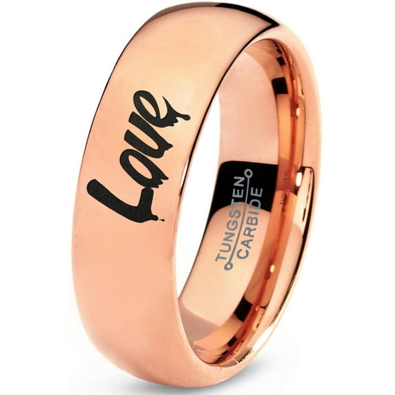 Tungsten Dripping Love Typography Writing Band Ring 7mm Men Women Comfort Fit 18k Rose Gold Dome Polished