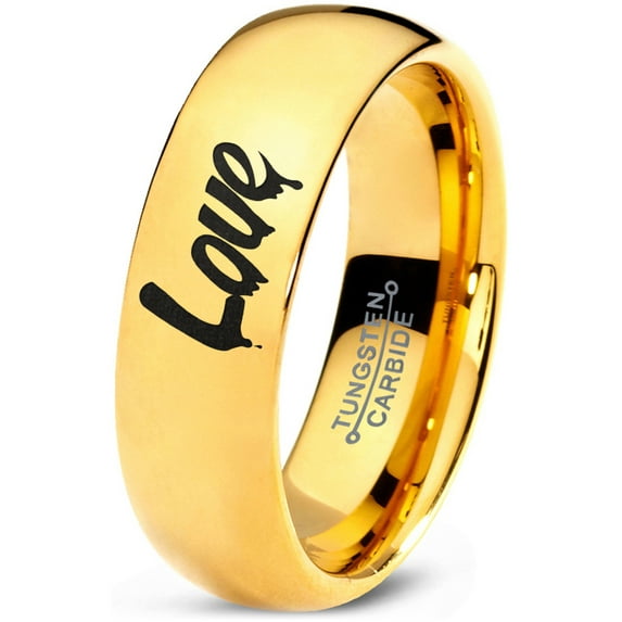 Tungsten Dripping Love Typography Writing Band Ring 7mm Men Women Comfort Fit 18k Yellow Gold Dome Polished