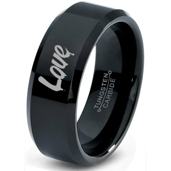 Tungsten Dripping Love Typography Writing Band Ring 8mm Men Women Comfort Fit Black Beveled Edge Polished