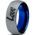 thumbnail image 1 of Tungsten Dripping Love Typography Writing Band Ring 8mm Men Women Comfort Fit Blue Dome Brushed Gray Polished, 1 of 4